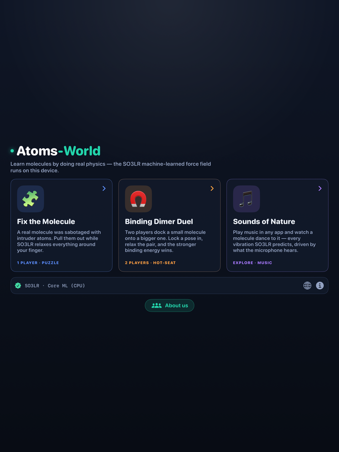 The start screen: Fix the Molecule, Binding Dimer Duel and Sounds of Nature