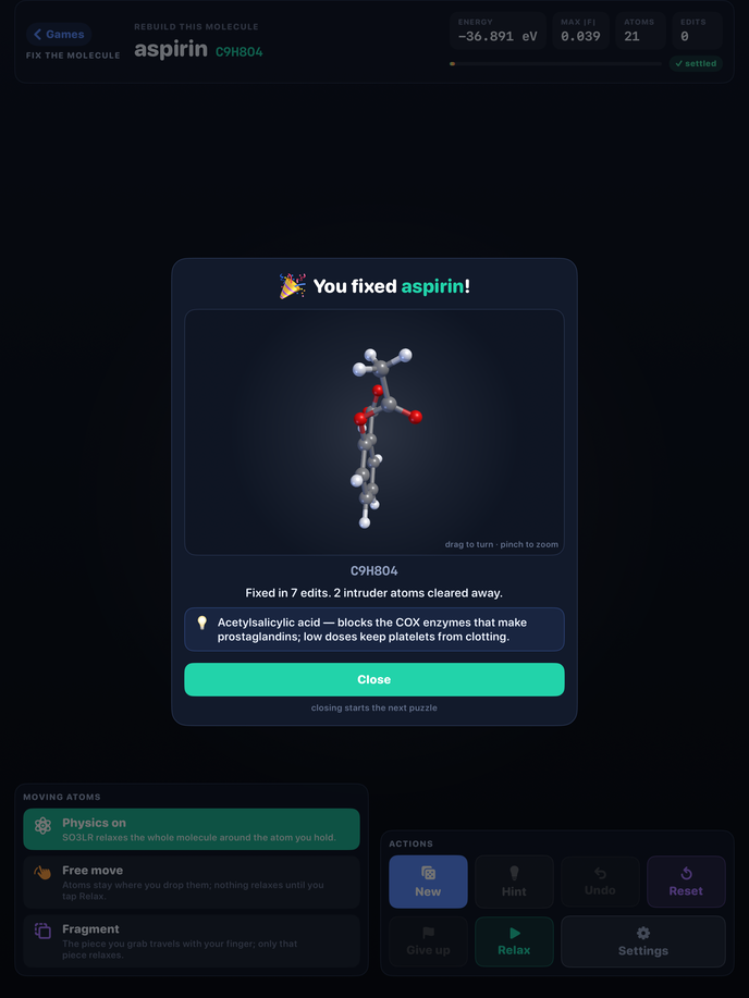 Molecule fixed: the win card with the note on where the molecule is used